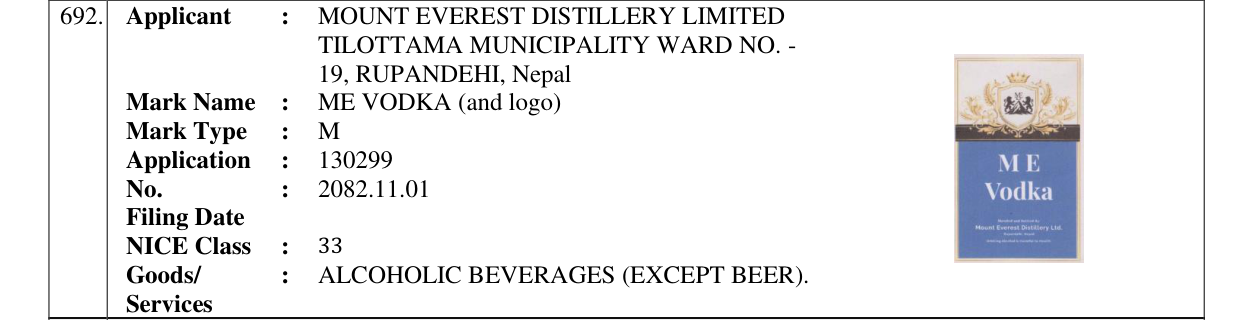 Original bulletin entry for ME VODKA (and logo)