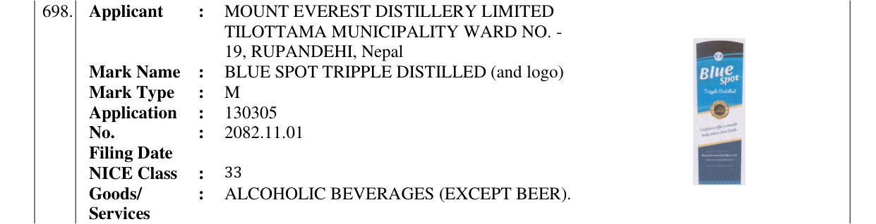 Original bulletin entry for BLUE SPOT TRIPPLE DISTILLED (and logo)