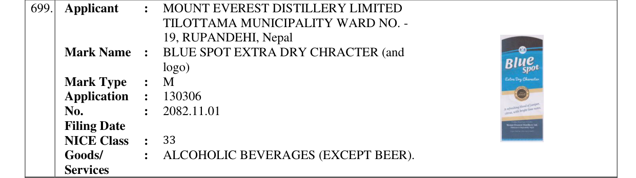 Original bulletin entry for BLUE SPOT EXTRA DRY CHRACTER (and logo)