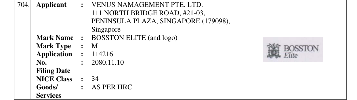 Original bulletin entry for BOSSTON ELITE (and logo)