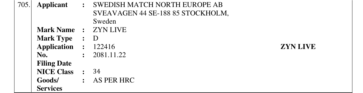 Original bulletin entry for ZYN LIVE