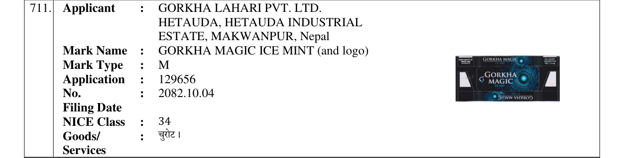 Original bulletin entry for GORKHA MAGIC ICE MINT (and logo)