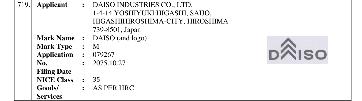 Original bulletin entry for DAISO (and logo)