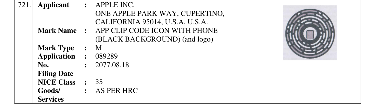 Original bulletin entry for APP CLIP CODE ICON WITH PHONE (BLACK BACKGROUND) (and logo)