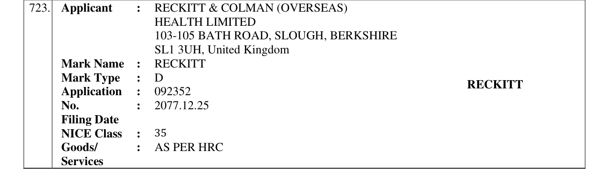 Original bulletin entry for RECKITT