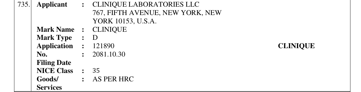 Original bulletin entry for CLINIQUE