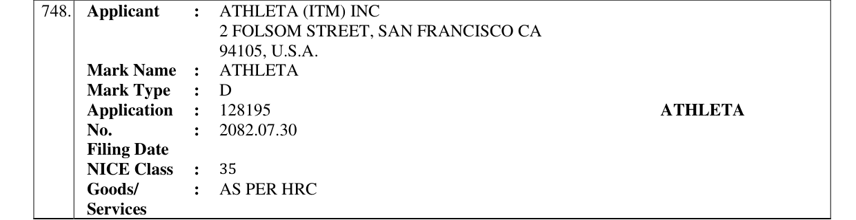 Original bulletin entry for ATHLETA