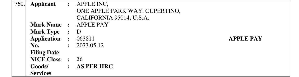 Original bulletin entry for APPLE PAY