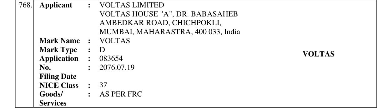 Original bulletin entry for VOLTAS