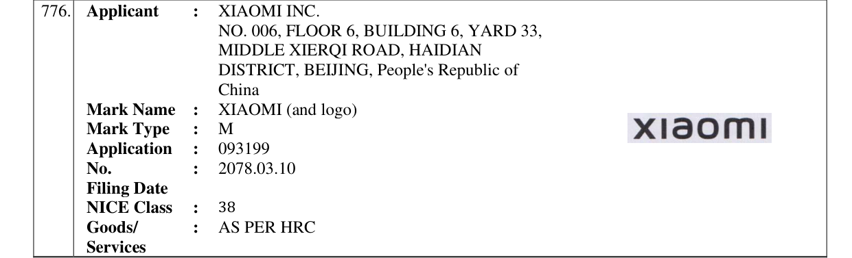 Original bulletin entry for XIAOMI (and logo)