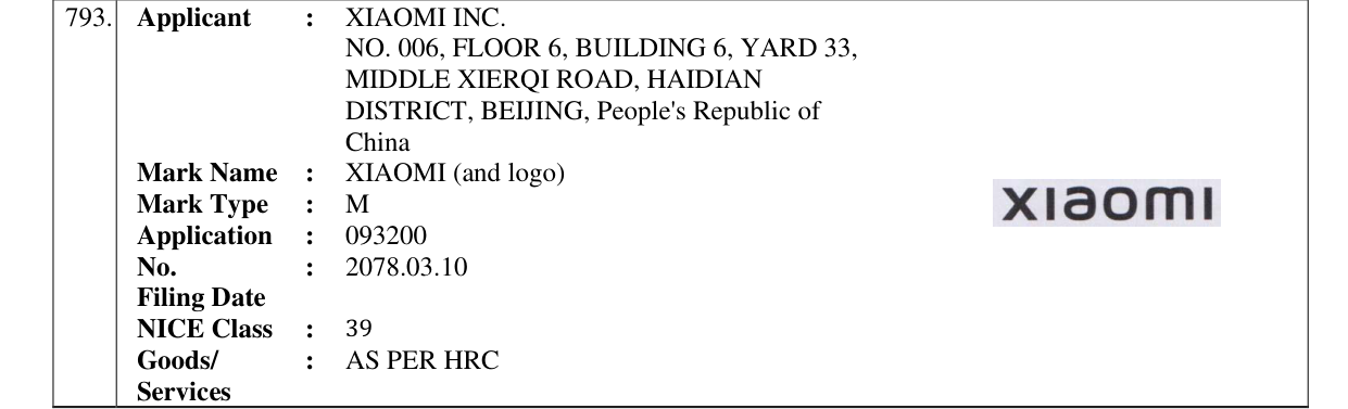 Original bulletin entry for XIAOMI (and logo)