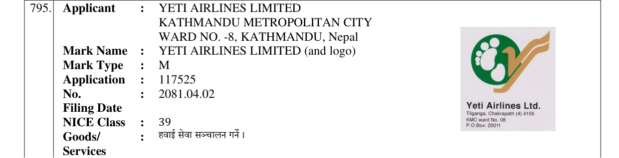 Original bulletin entry for YETI AIRLINES LIMITED (and logo)