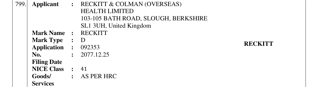 Original bulletin entry for RECKITT