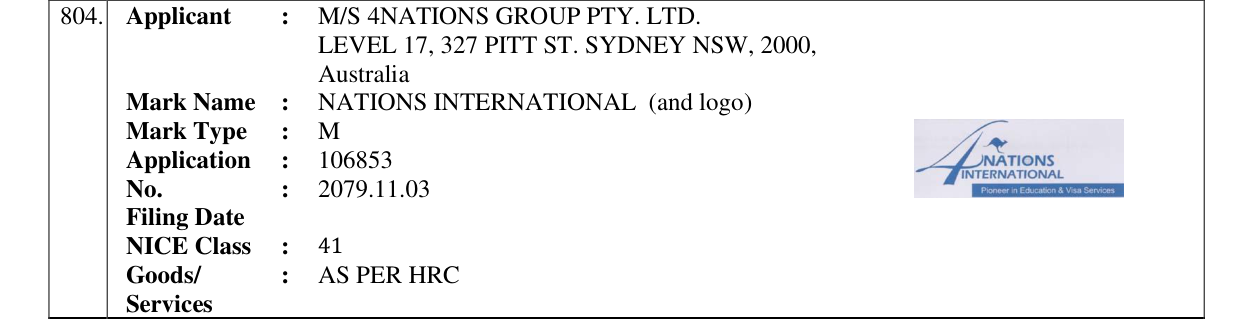 Original bulletin entry for NATIONS INTERNATIONAL (and logo)