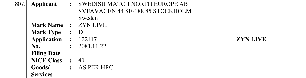 Original bulletin entry for ZYN LIVE