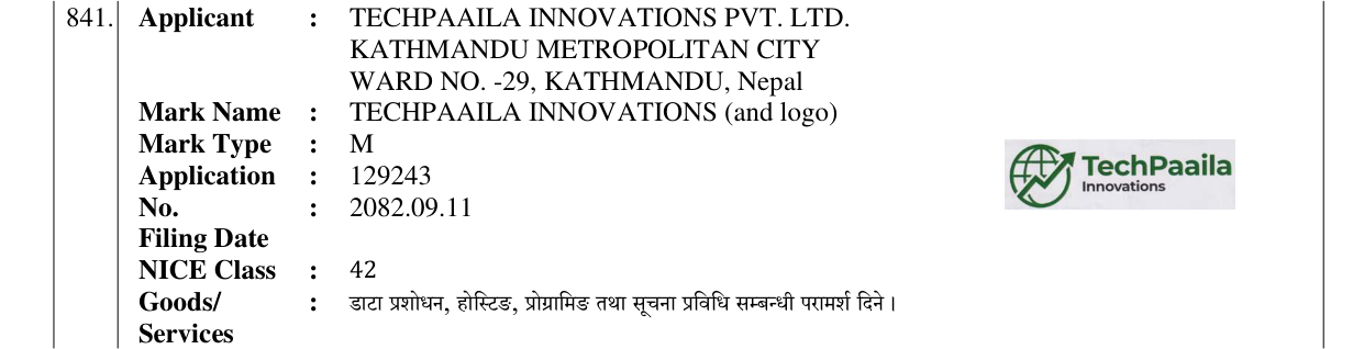 Original bulletin entry for TECHPAAILA INNOVATIONS (and logo)