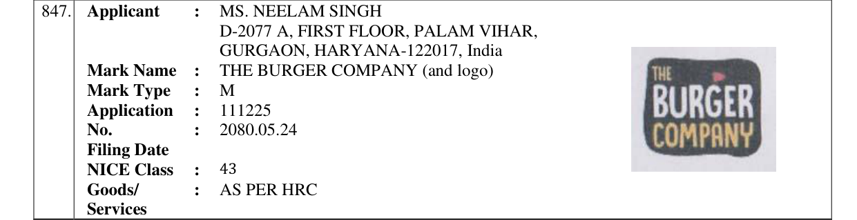 Original bulletin entry for THE BURGER COMPANY (and logo)