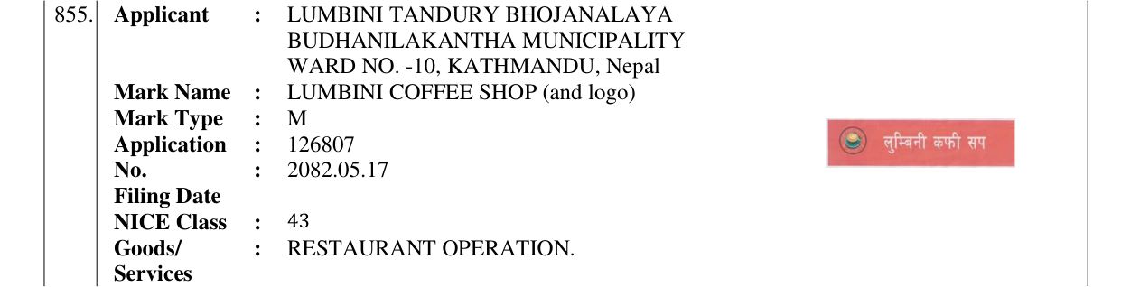 Original bulletin entry for LUMBINI COFFEE SHOP (and logo)