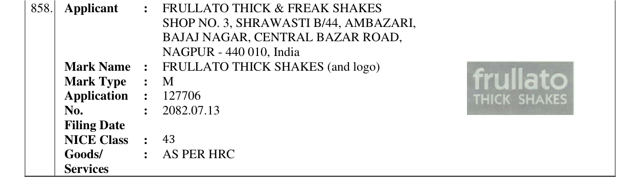 Original bulletin entry for FRULLATO THICK SHAKES (and logo)