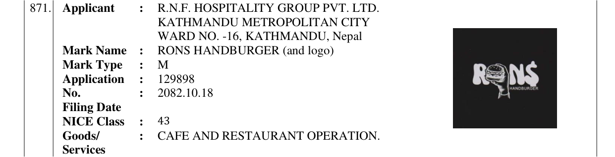 Original bulletin entry for RONS HANDBURGER (and logo)