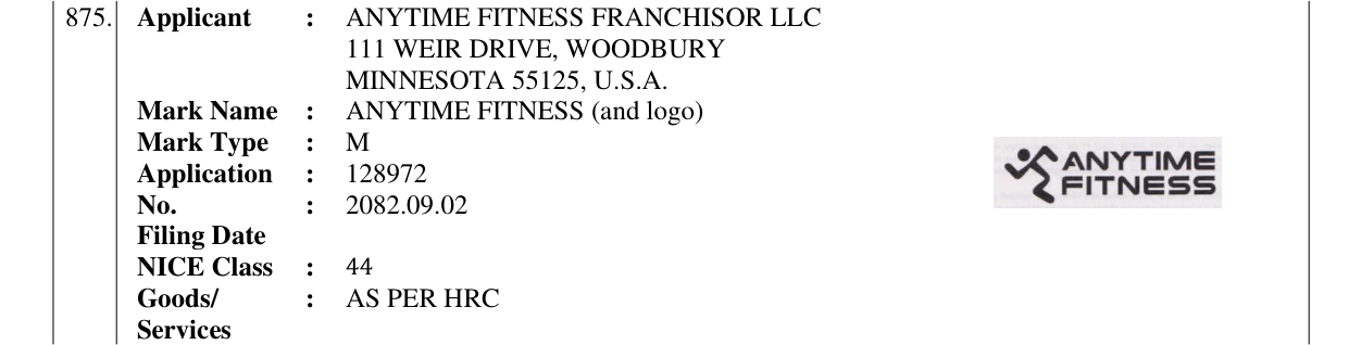 Original bulletin entry for ANYTIME FITNESS (and logo)