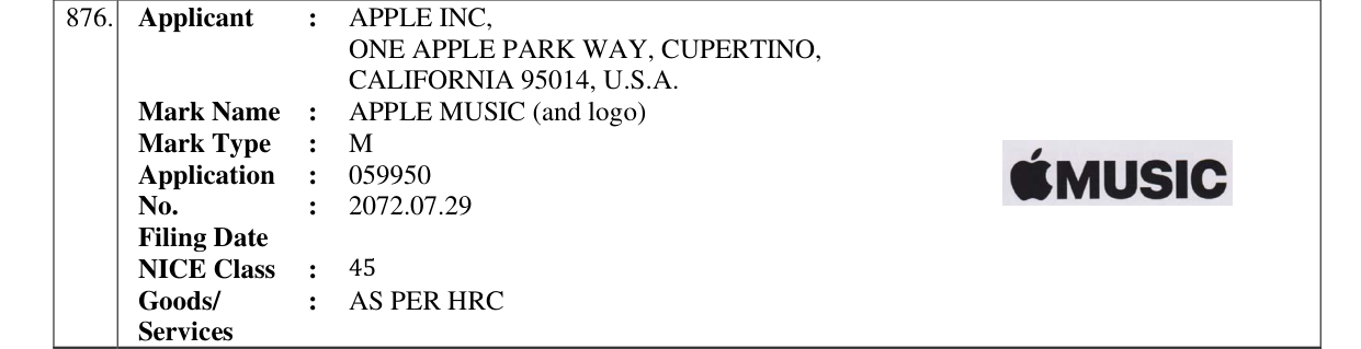 Original bulletin entry for APPLE MUSIC (and logo)