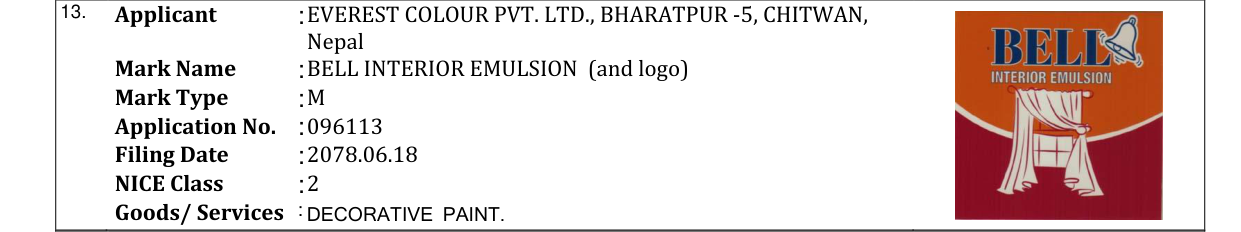 Original bulletin entry for BELL INTERIOR EMULSION (and logo)
