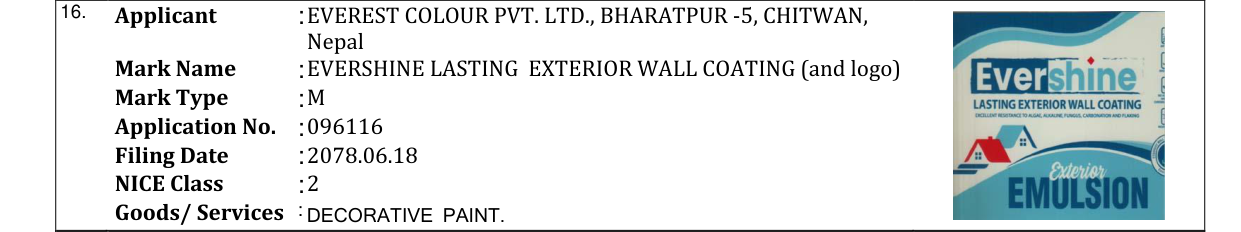 Original bulletin entry for EVERSHINE LASTING EXTERIOR WALL COATING (and logo)