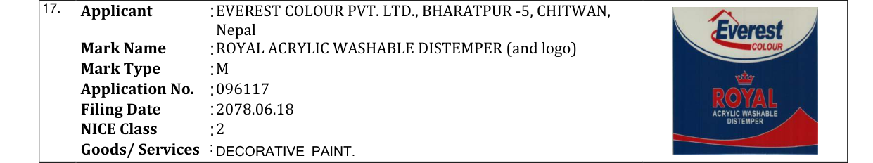 Original bulletin entry for ROYAL ACRYLIC WASHABLE DISTEMPER (and logo)