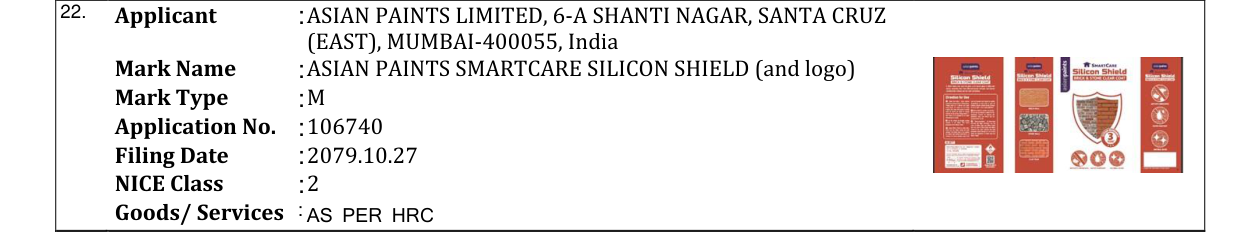 Original bulletin entry for ASIAN PAINTS SMARTCARE SILICON SHIELD (and logo)