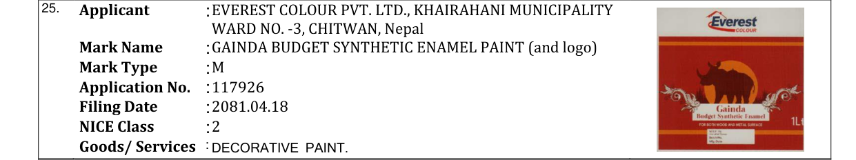 Original bulletin entry for GAINDA BUDGET SYNTHETIC ENAMEL PAINT (and logo)