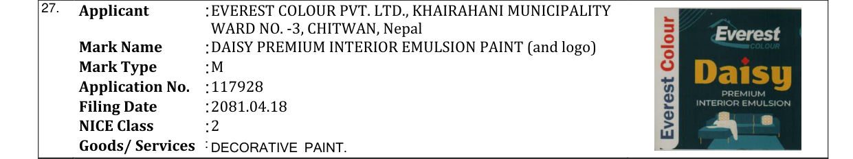 Original bulletin entry for DAISY PREMIUM INTERIOR EMULSION PAINT (and logo)