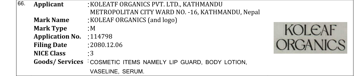 Original bulletin entry for KOLEAF ORGANICS (and logo)