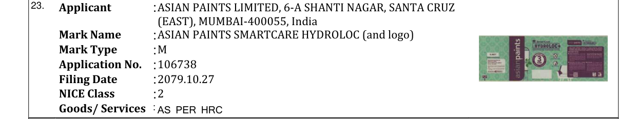 Original bulletin entry for ASIAN PAINTS SMARTCARE HYDROLOC (and logo)