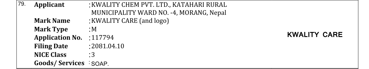 Original bulletin entry for KWALITY CARE (and logo)