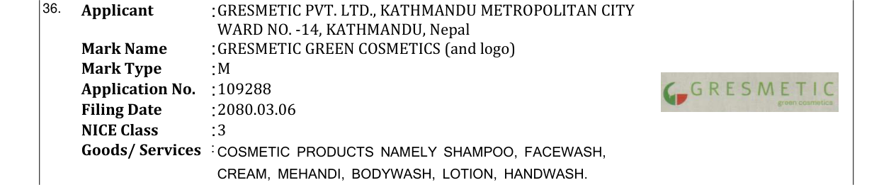 Original bulletin entry for GRESMETIC GREEN COSMETICS (and logo)