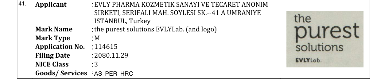 Original bulletin entry for the purest solutions EVLYLab. (and logo)