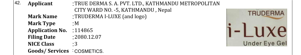 Original bulletin entry for TRUDERMA I-LUXE (and logo)