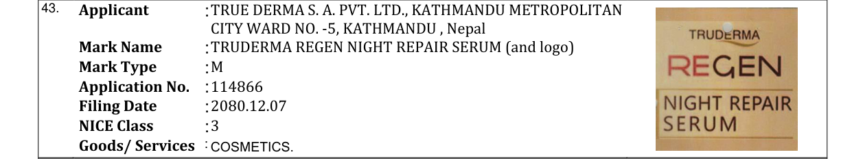 Original bulletin entry for TRUDERMA REGEN NIGHT REPAIR SERUM (and logo)