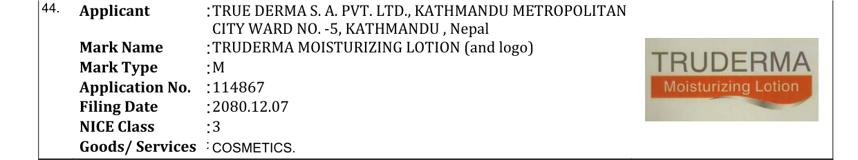 Original bulletin entry for TRUDERMA MOISTURIZING LOTION (and logo)