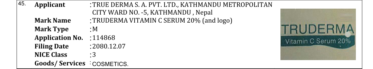 Original bulletin entry for TRUDERMA VITAMIN C SERUM 20% (and logo)