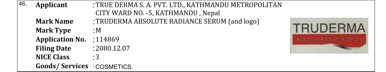Original bulletin entry for TRUDERMA ABSOLUTE RADIANCE SERUM (and logo)