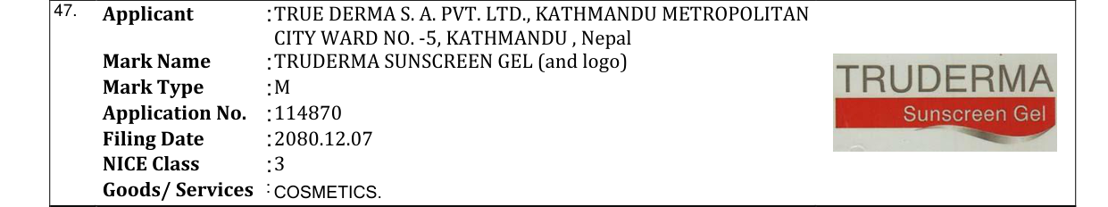 Original bulletin entry for TRUDERMA SUNSCREEN GEL (and logo)