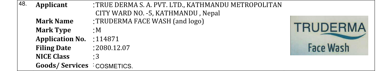 Original bulletin entry for TRUDERMA FACE WASH (and logo)