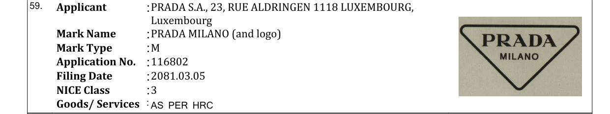 Original bulletin entry for PRADA MILANO (and logo)