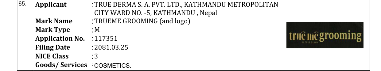 Original bulletin entry for TRUEME GROOMING (and logo)