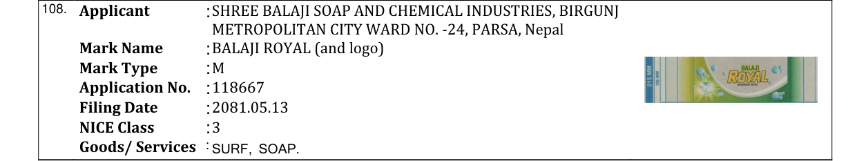 Original bulletin entry for BALAJI ROYAL (and logo)