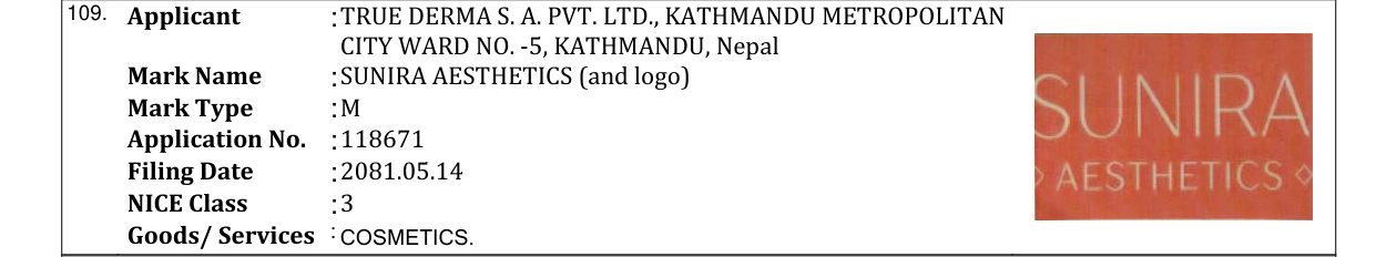 Original bulletin entry for SUNIRA AESTHETICS (and logo)