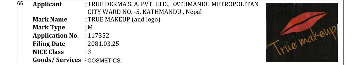Original bulletin entry for TRUE MAKEUP (and logo)