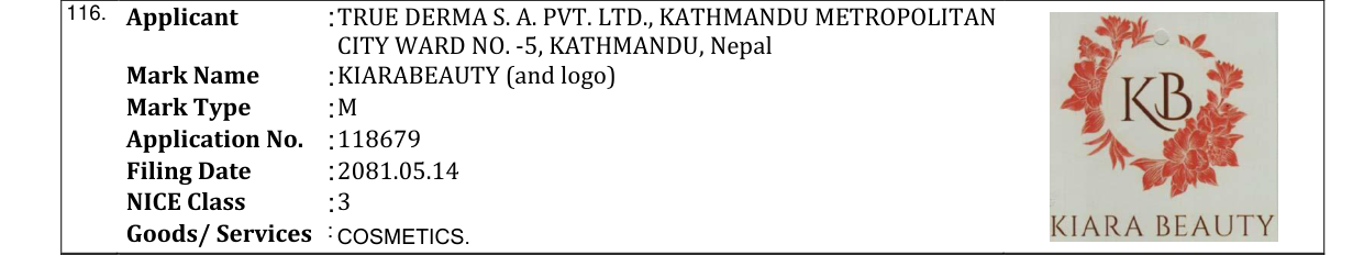 Original bulletin entry for KIARABEAUTY (and logo)